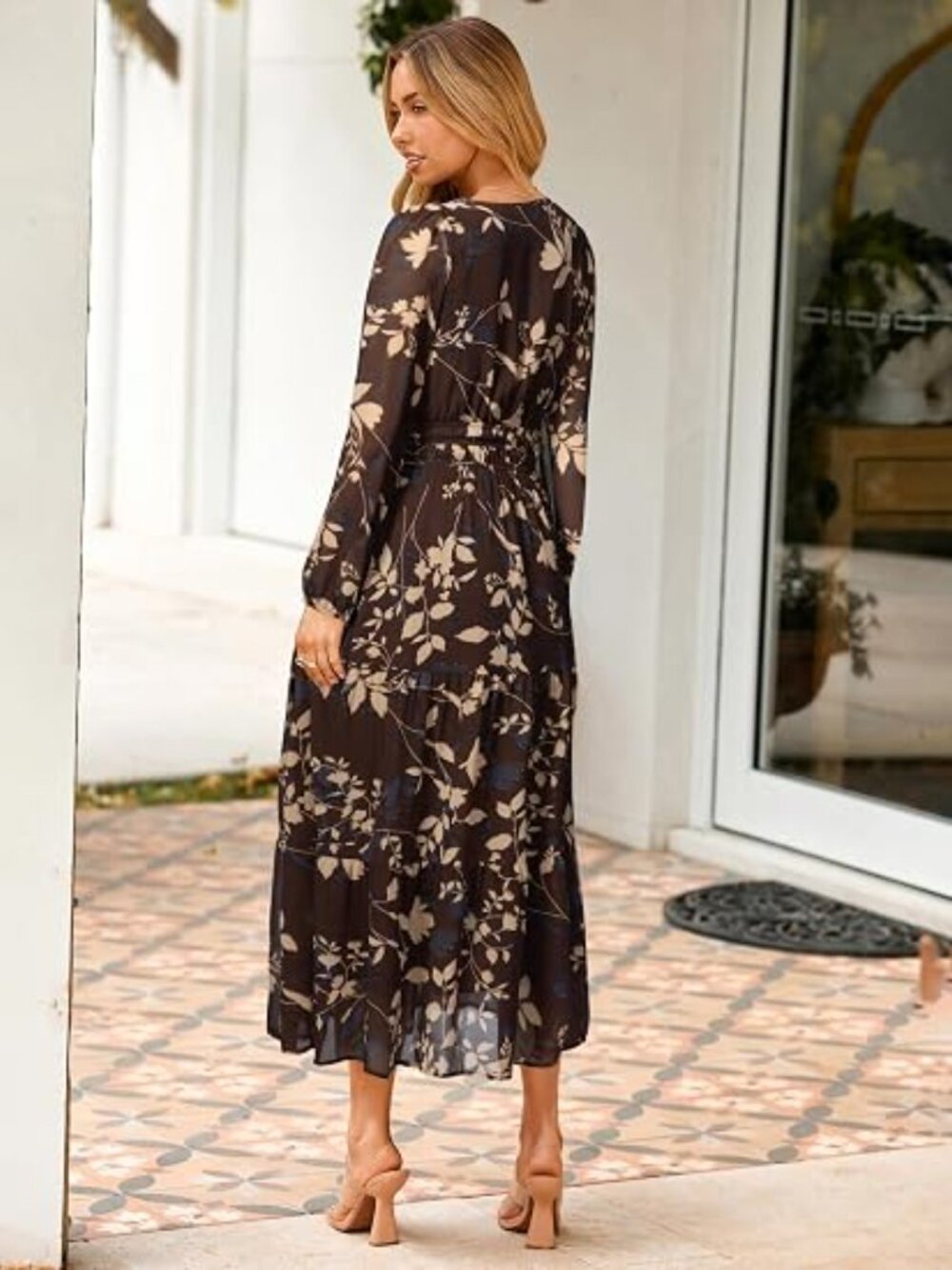 Women's Floral Boho Long Sleeve Maxi Dress V Neck Empire Waist Swing Flowy Weddi - Picture 4 of 5